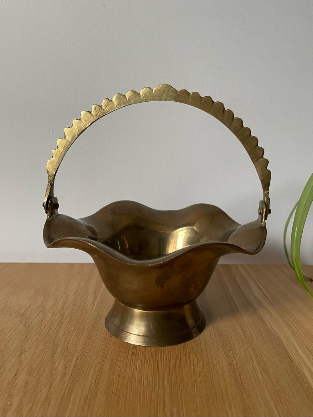 Vintage Brass Decorative Ruffled Basket with Scalloped Handle